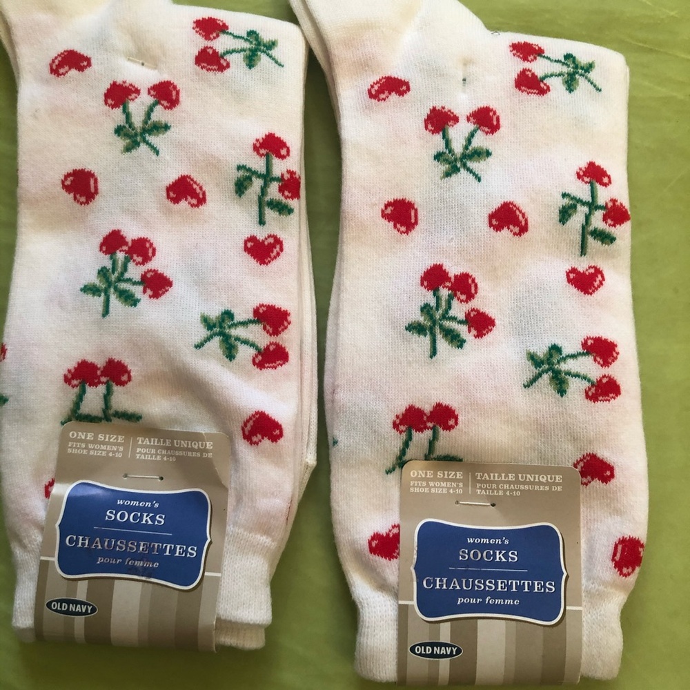 Old Navy Women's White Socks with Red Cherry Design x 2 pairs